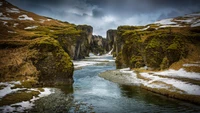 Cours d'eau serein des hautes terres parmi des montagnes majestueuses sous un ciel nuageux