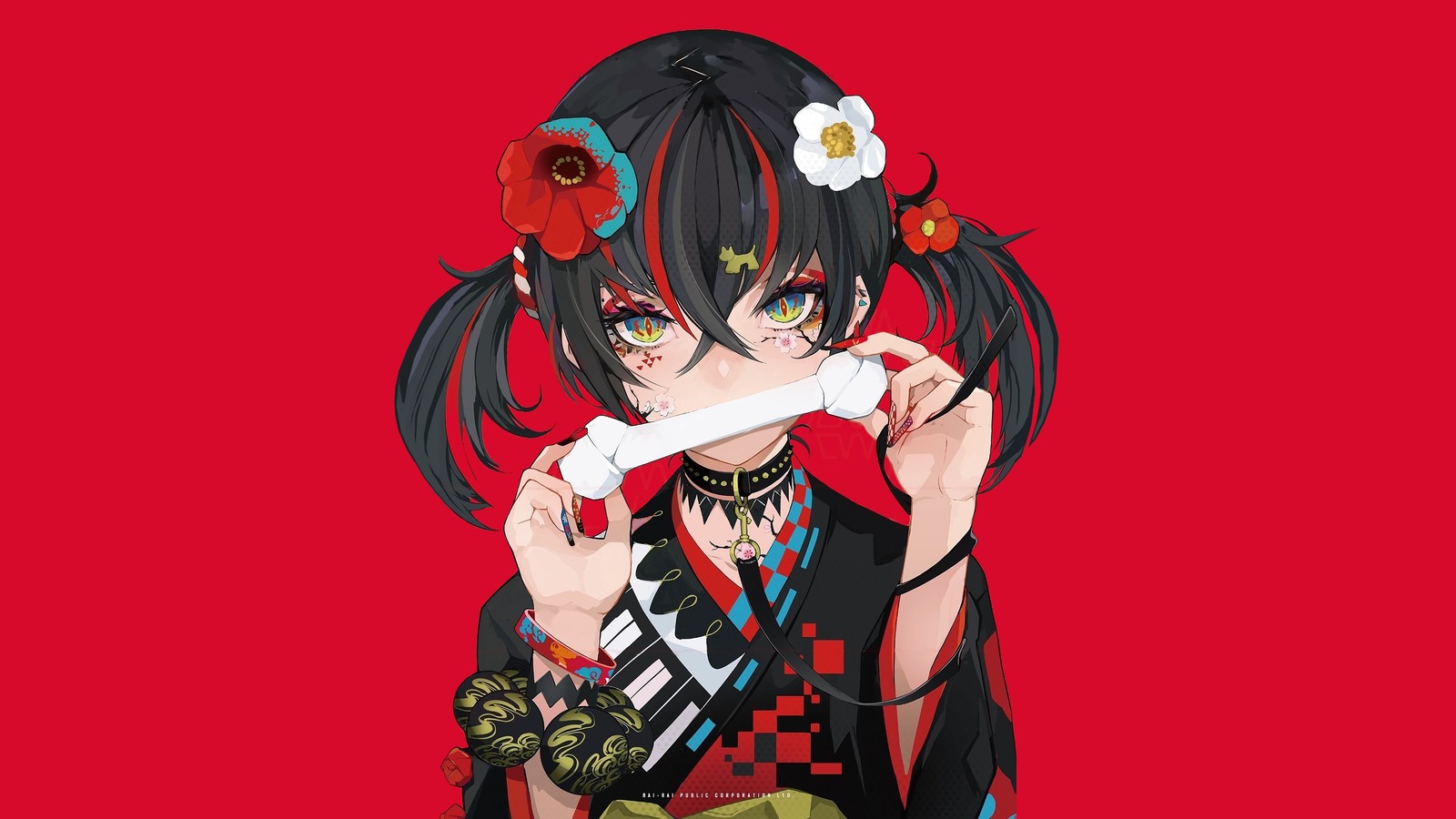 Anime, schwarze haare, mädchen, roter hintergrund, telefon, roter hintergrund (anime, mädchen, kimono)