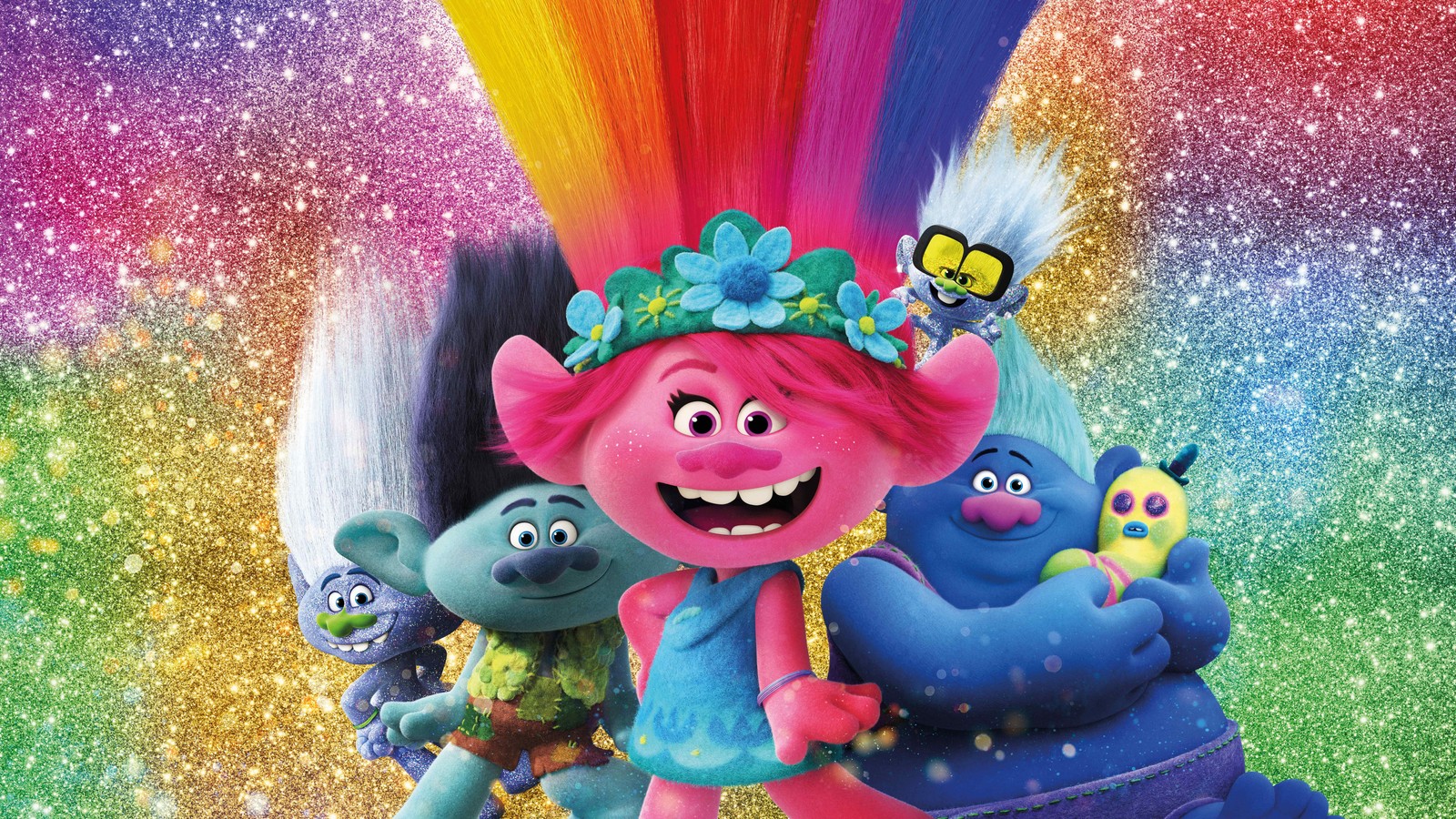 Les trolls et les trolles sont sur un fond aux couleurs de l'arc-en-ciel (trolls tournée mondiale, trolls world tour, trolls 2, jeu vidéo, affiche)