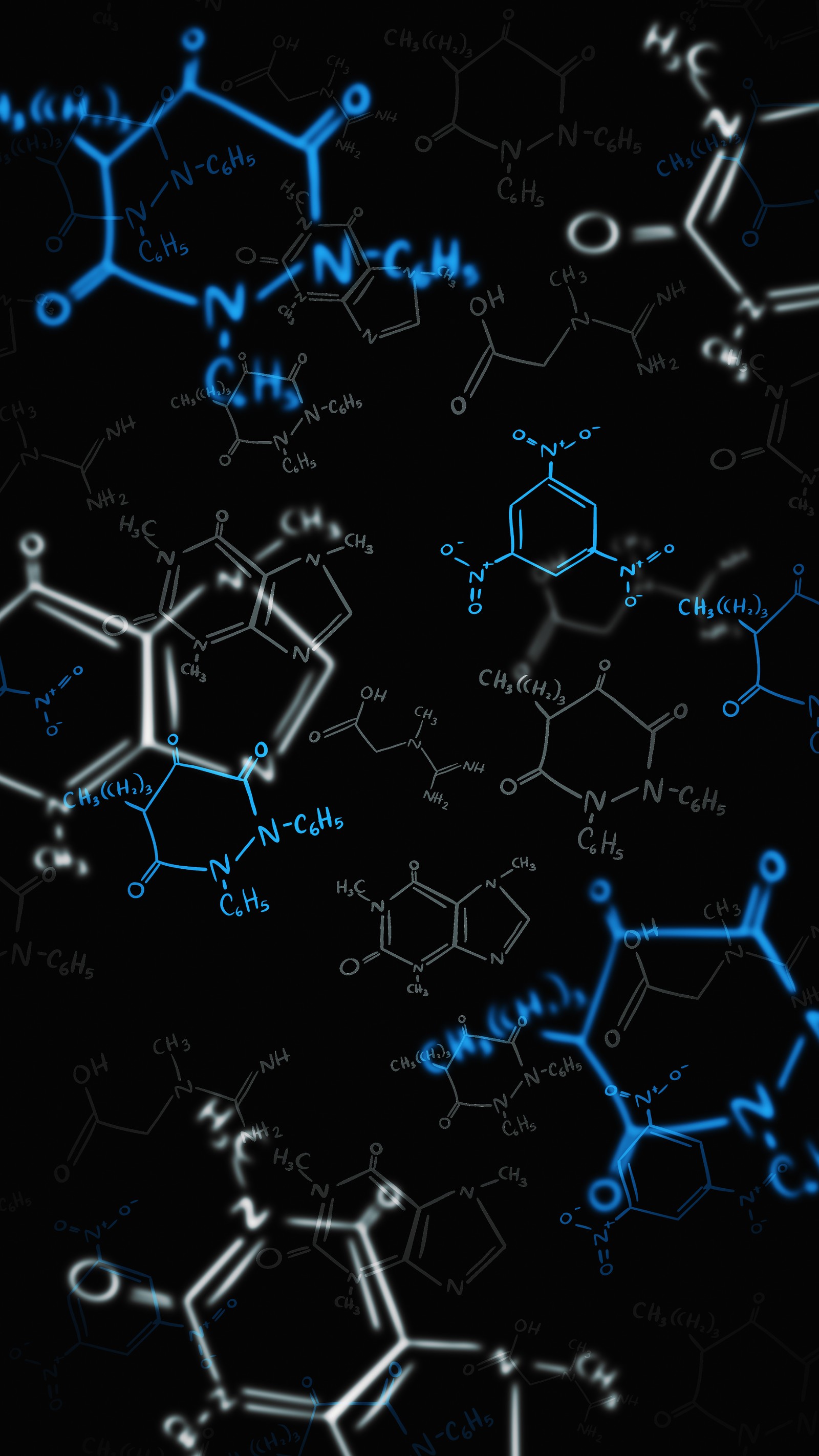 A close up of a bunch of chemical formulas on a black background (smartphone, ios, azure, line, pattern)