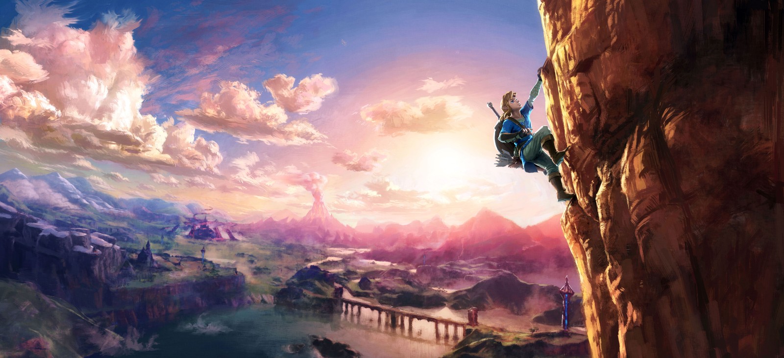 A painting of a man climbing a cliff with a view of a valley (link, the legend of zelda breath of the wild, nintendo switch, hyrule, 5k)