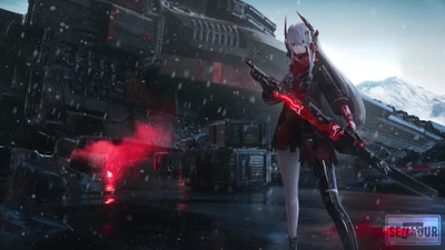 Lucia de Punishing: Gray Raven brandissant une arme lumineuse au milieu d'un paysage dystopique.