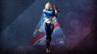 Cammy de Street Fighter 6 em uma pose de ação contra um fundo dinâmico.