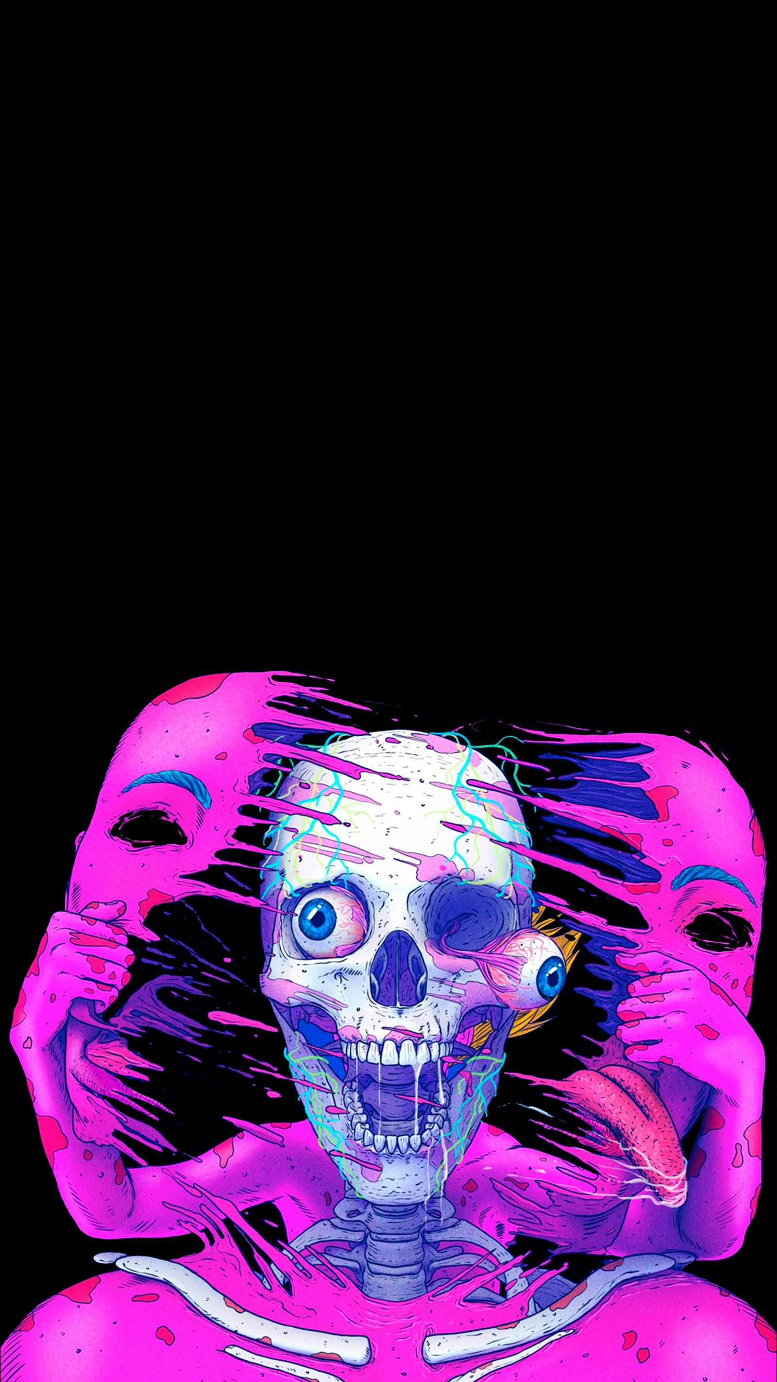 Crânio colorido com faca e garfo na boca em fundo preto (esqueleto, amoled, arte psicodélica, arte, osso)