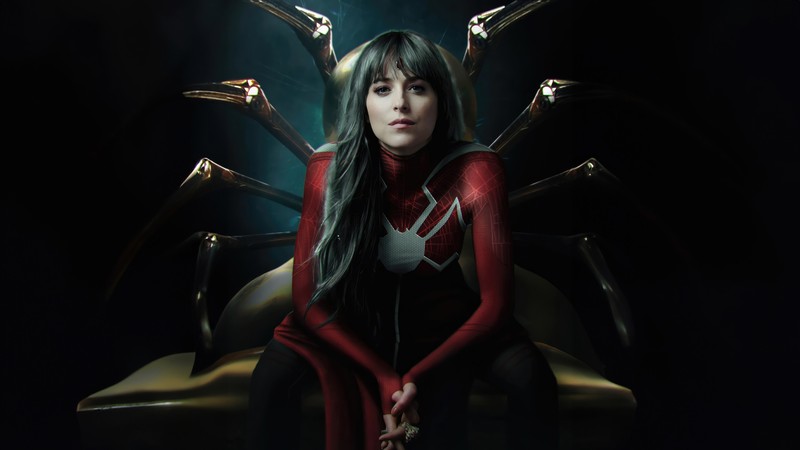 Арабская женщина в костюме паука сидит на стуле (мадемуазель веб, madame web, фильм, marvel, кассандра уэбб)