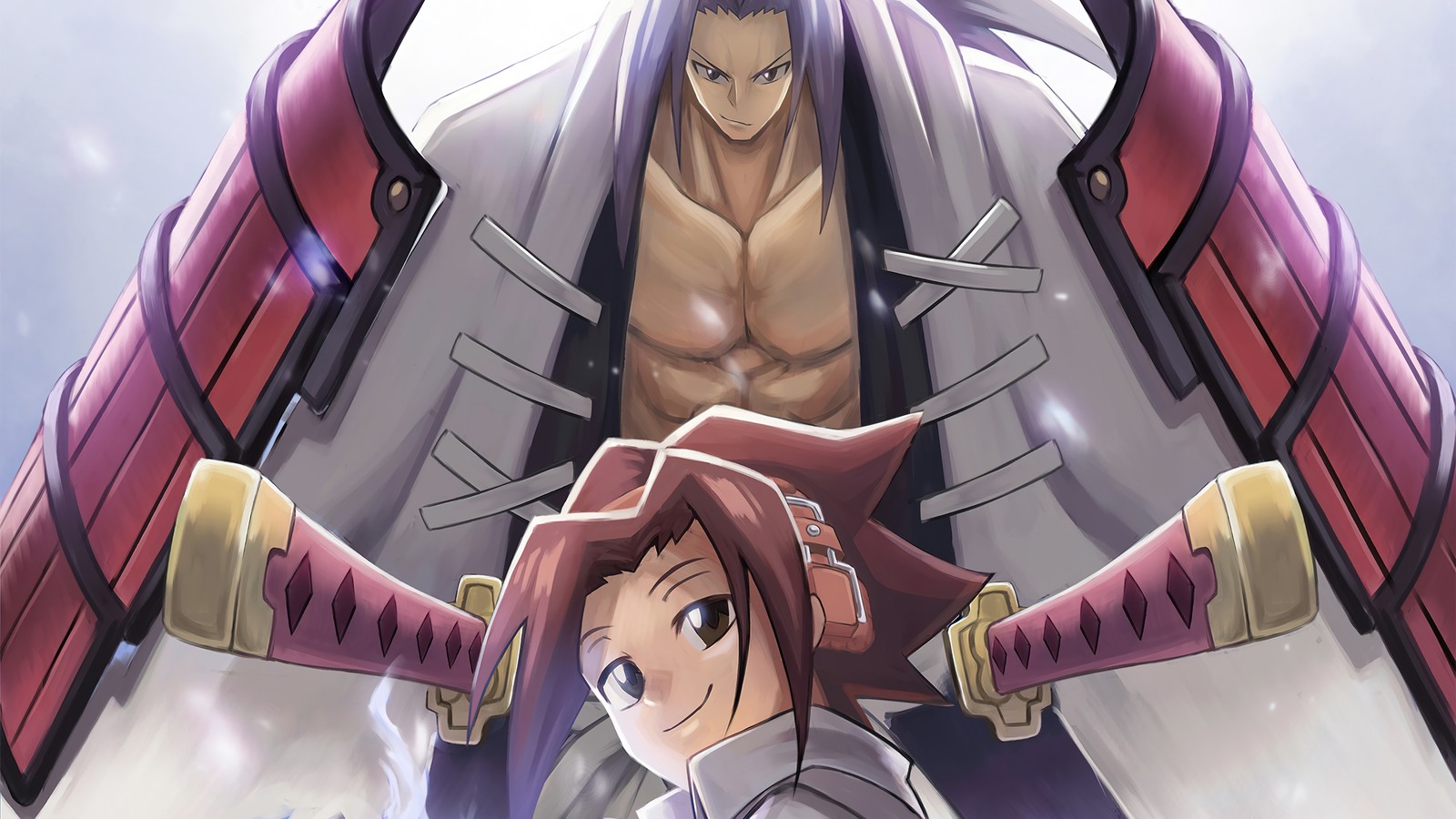 Personajes de anime de pie frente a un objeto gigante rojo (shaman king, anime, amidamaru, yoh asakura)