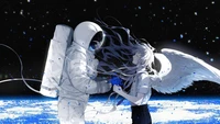 Celestial Encounter: An Astronaut and an Angel Exchange Flowers in Space