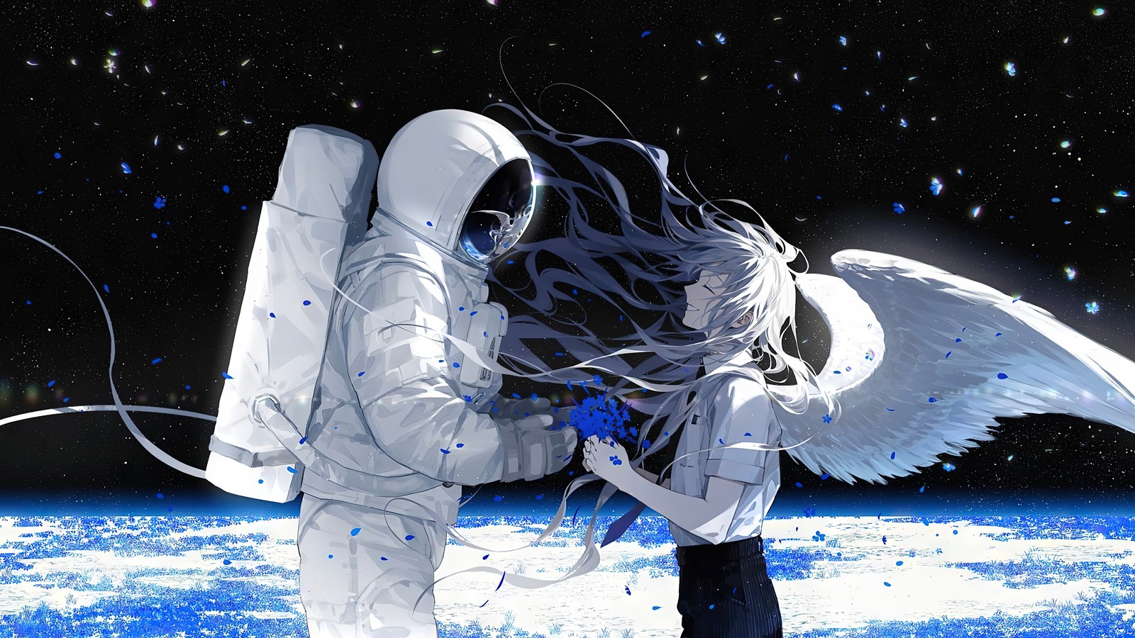 Lade anime, engel, astronaut, raum Hintergrund herunter