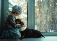 Niña con una gorra abrazando a un dachshund junto a la ventana