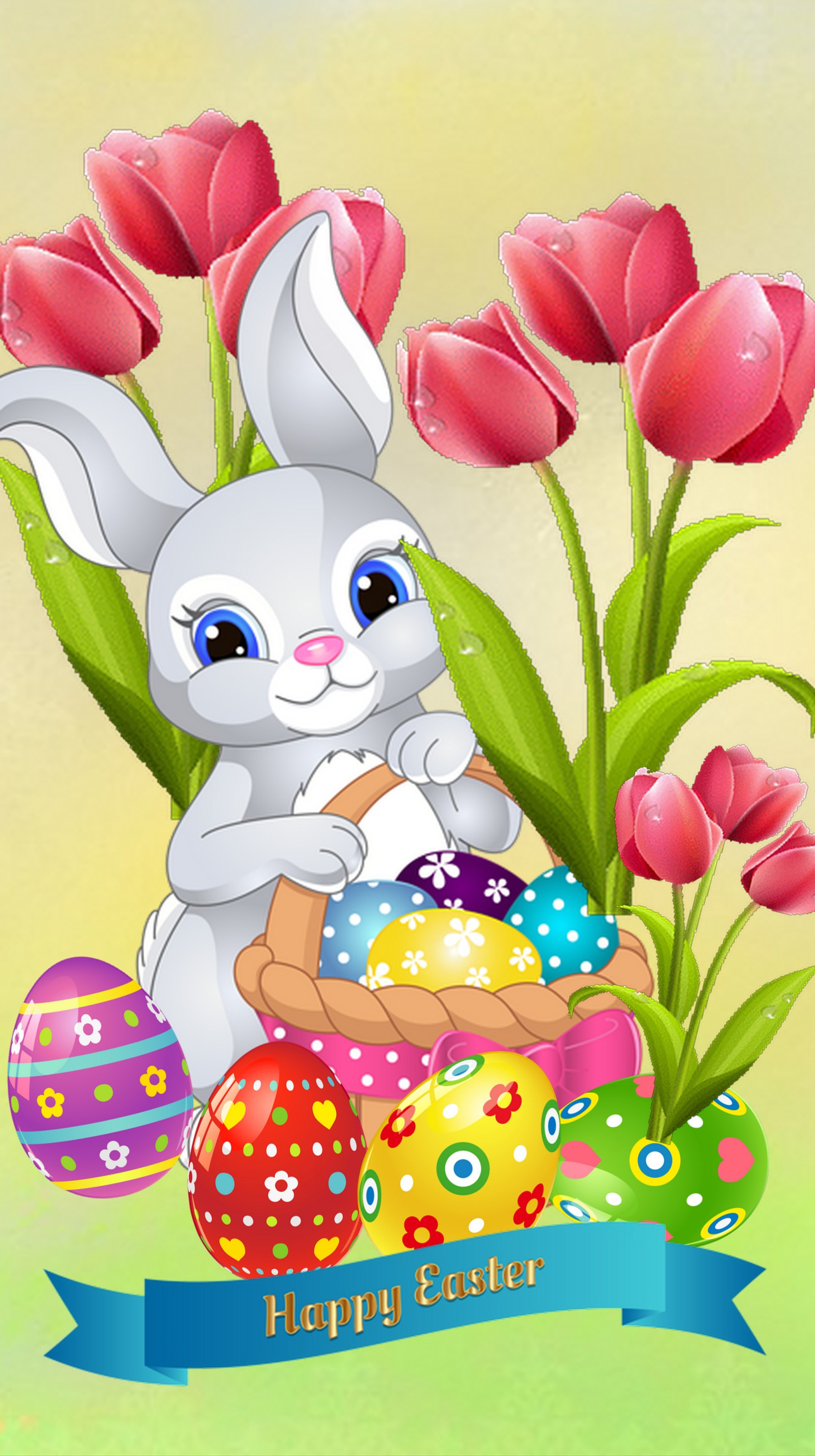 There is a bunny sitting on a pile of easter eggs (easter, eggs, happy easter, spring)