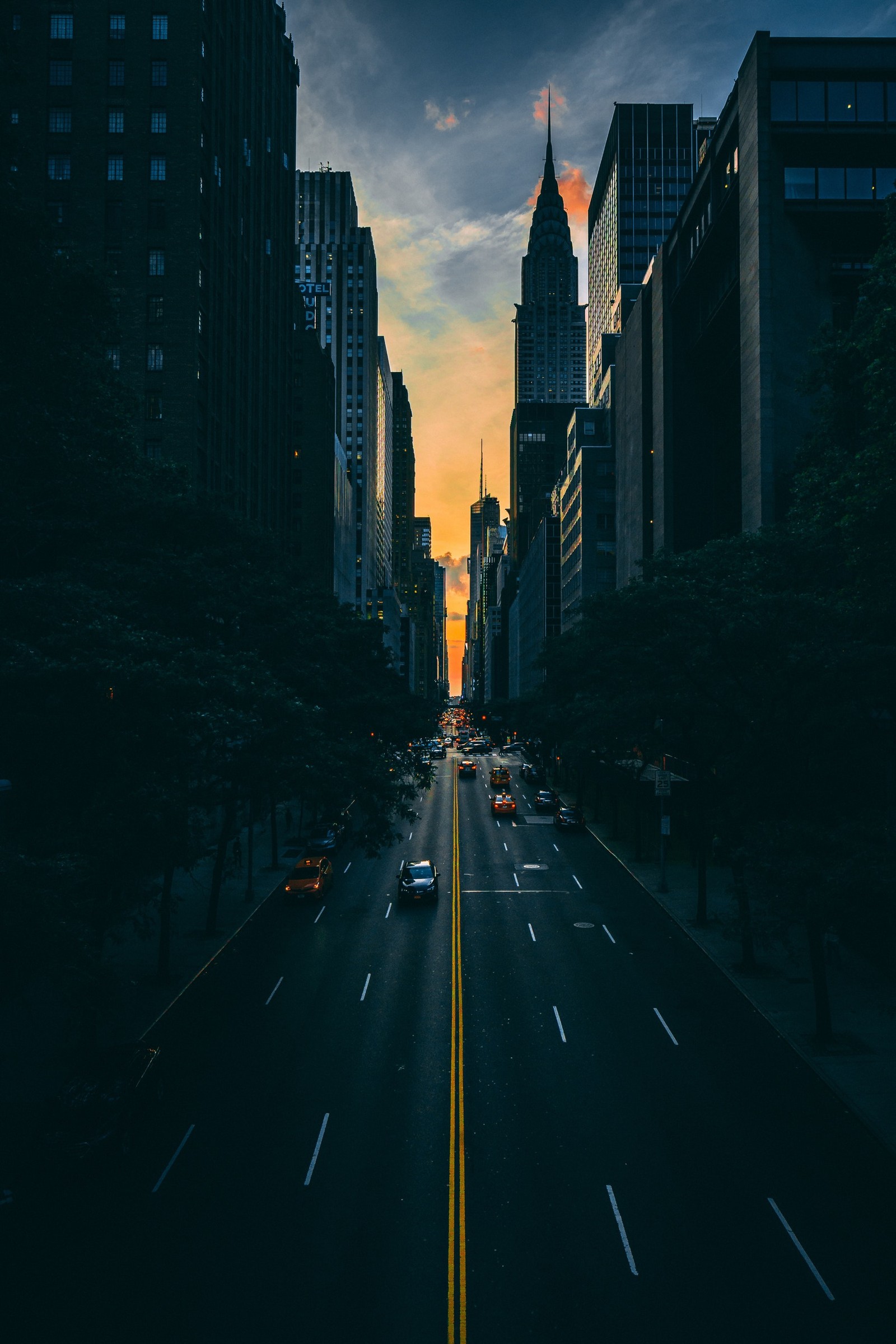 Un coche que conduce por la calle en la ciudad (ciudad, oscuro, naturaleza, calle)