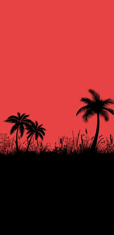 Silhouetted Palm Trees Against a Vibrant Red Sky