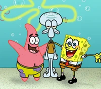 SpongeBob, Patrick, and Squidward in a cheerful underwater setting.