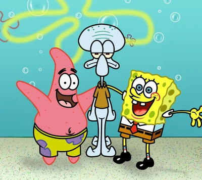 SpongeBob, Patrick e Squidward em um ambiente subaquático alegre.