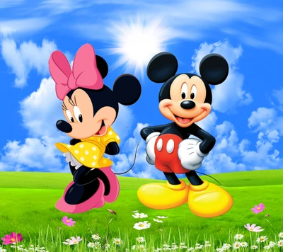 Mickey et Minnie Mouse jouent dans une prairie ensoleillée du printemps