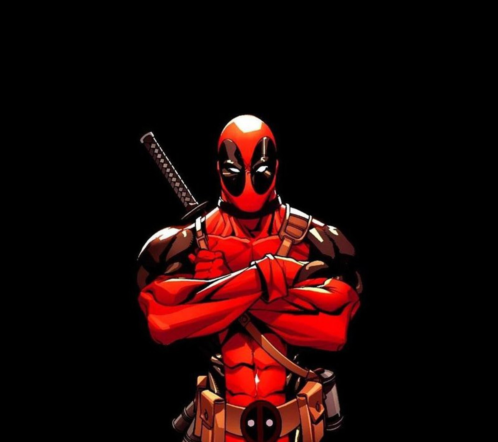 Deadpool is standing with his arms crossed and a baseball bat in his hand (comics, marvel)