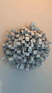 Composición 3D abstracta de formas geométricas agrupadas, creando una forma esférica texturizada contra un fondo de degradado suave.