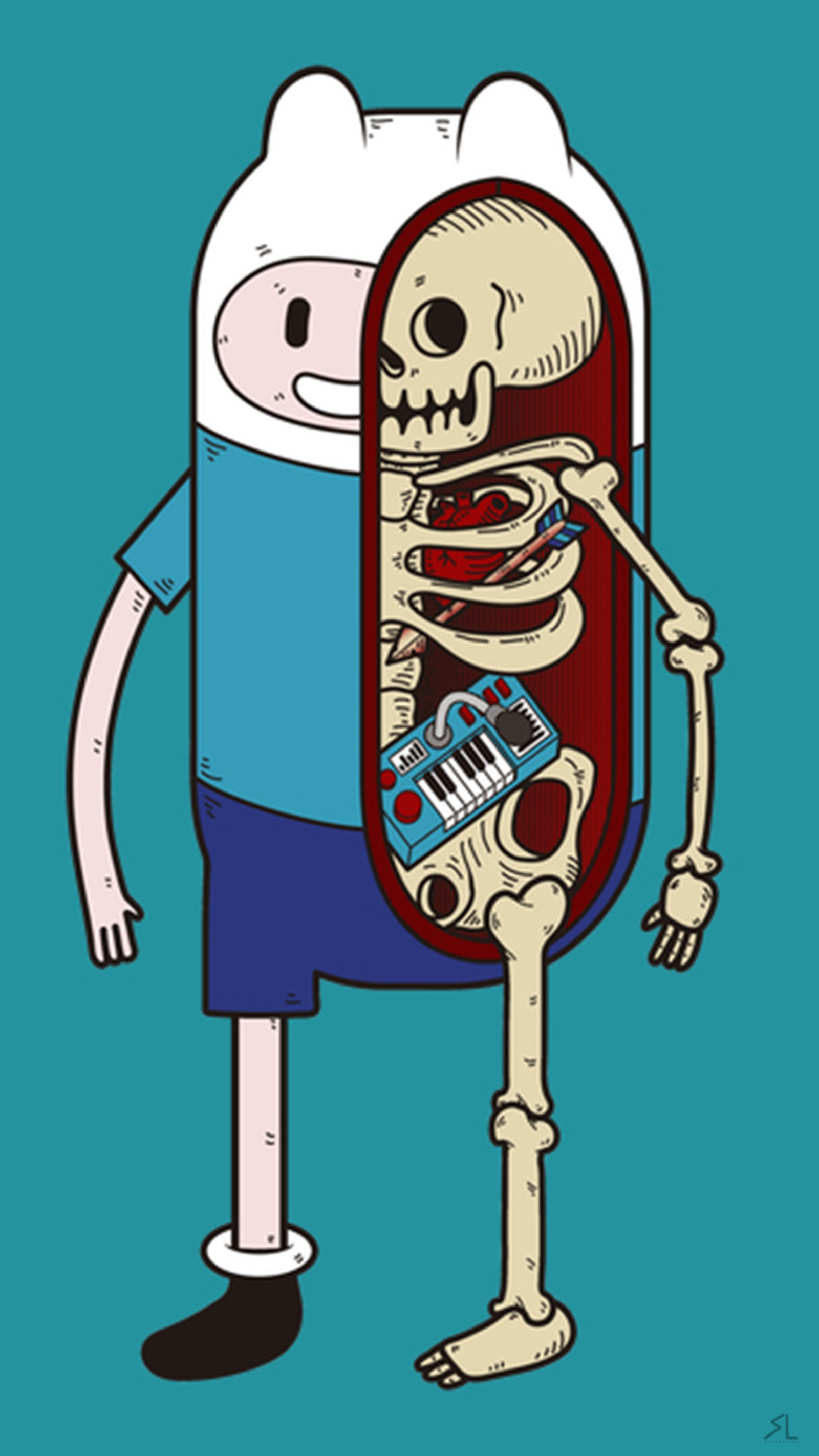 Cartoon-charakter mit einem skelett in einem blauen hemd und shorts (adventure time, blau, cn, finn, hd)