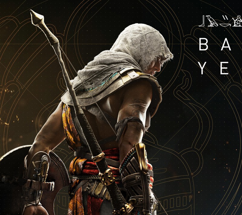 Близкий план человека, держащего меч и щит (ассасины, bayek, игра)