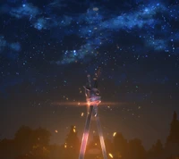 Anime Warrior Under Starry Sky with Sword