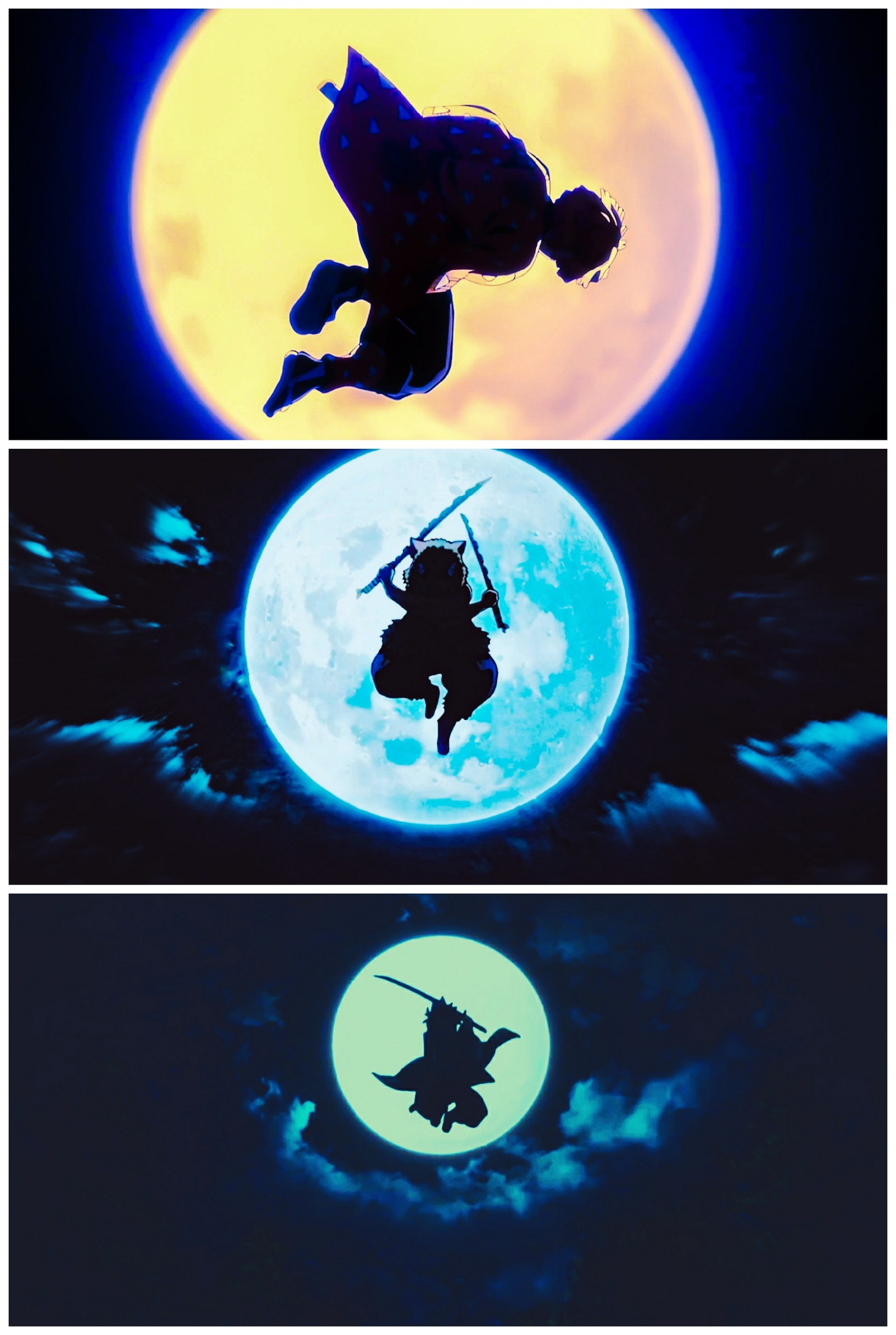 Quatro imagens diferentes de uma pessoa voando no céu (anime, inosuke, kimetsu no yaiba, tanjiro, zenitsu)