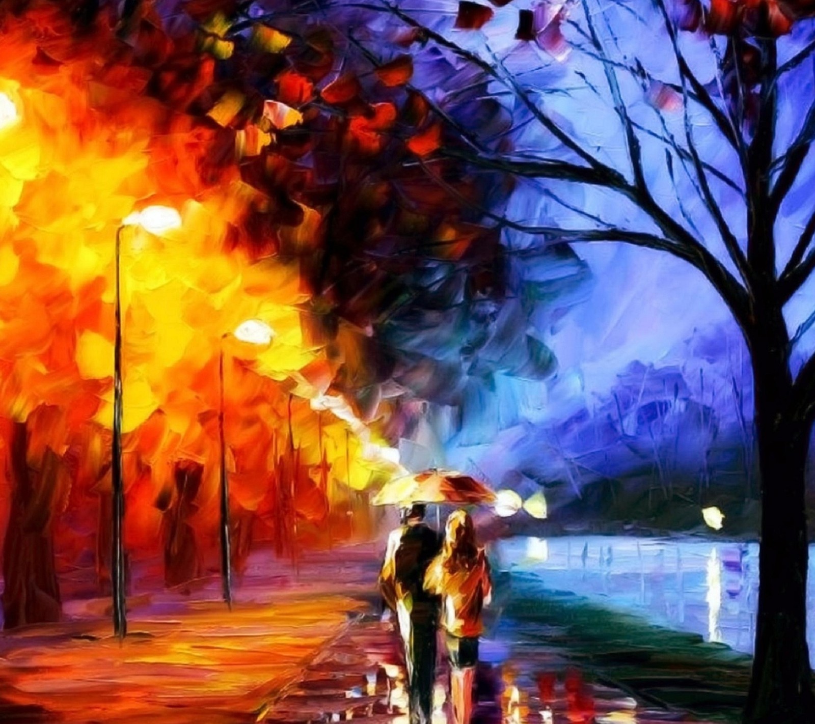 Painting of a couple walking down a street holding umbrellas (2013, 3d, best, galaxy, hd)