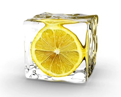 Cube de glace 3D avec une tranche de citron à l'intérieur