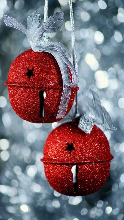 Sparkling Red Christmas Bells with Silver Ribbons