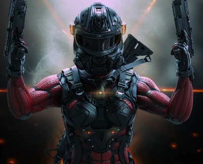 Futuristic Soldier in Armor with Dual Guns