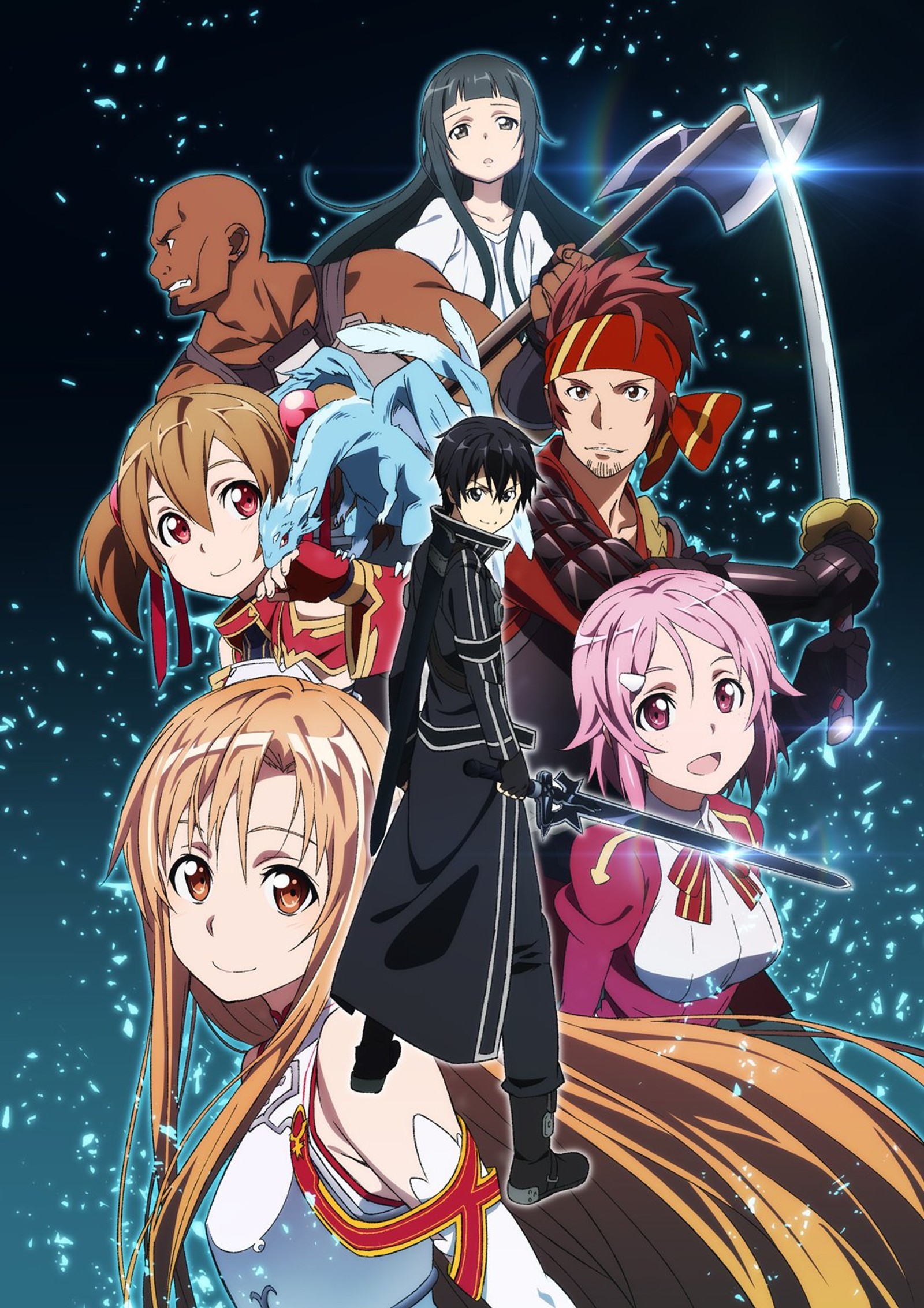 A group of anime characters standing in front of a blue background (anime, sao, sword art online)