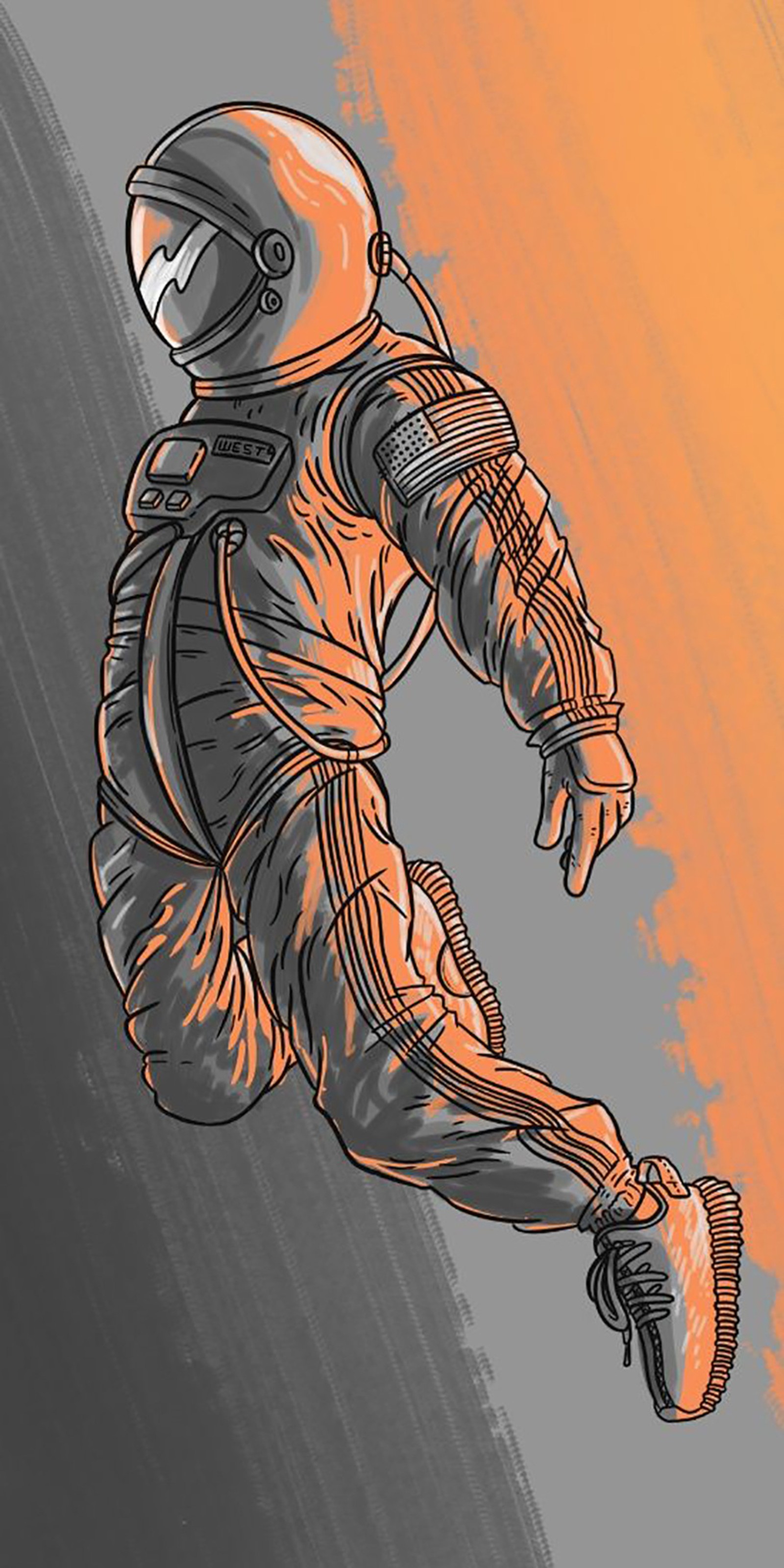 Ilustración de un hombre en un traje espacial corriendo con una patineta. (abstracto, astronauta, genial, guay, hd)