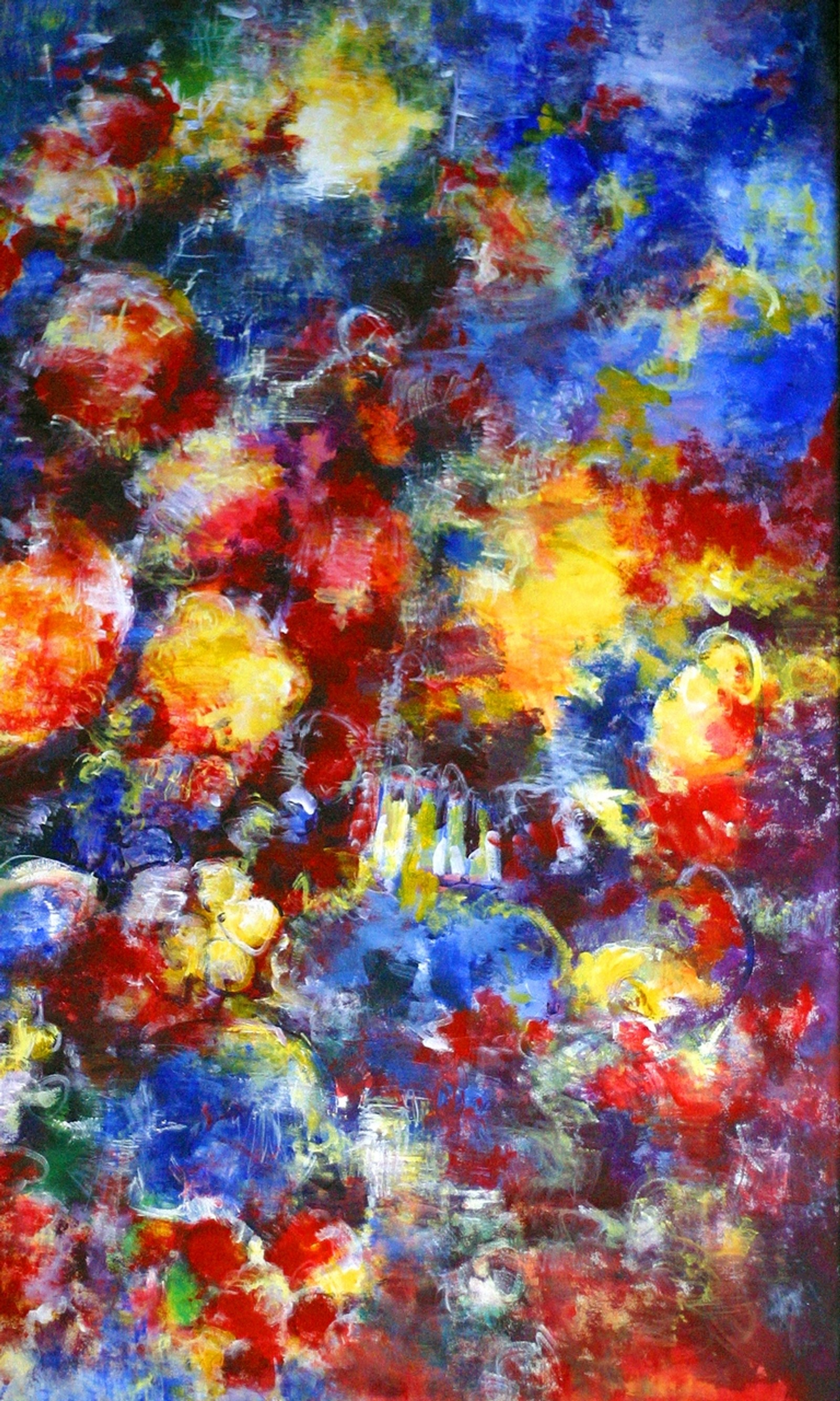 Painting of a painting of a bunch of flowers in a vase (abstract, art, colors, oil, painting)