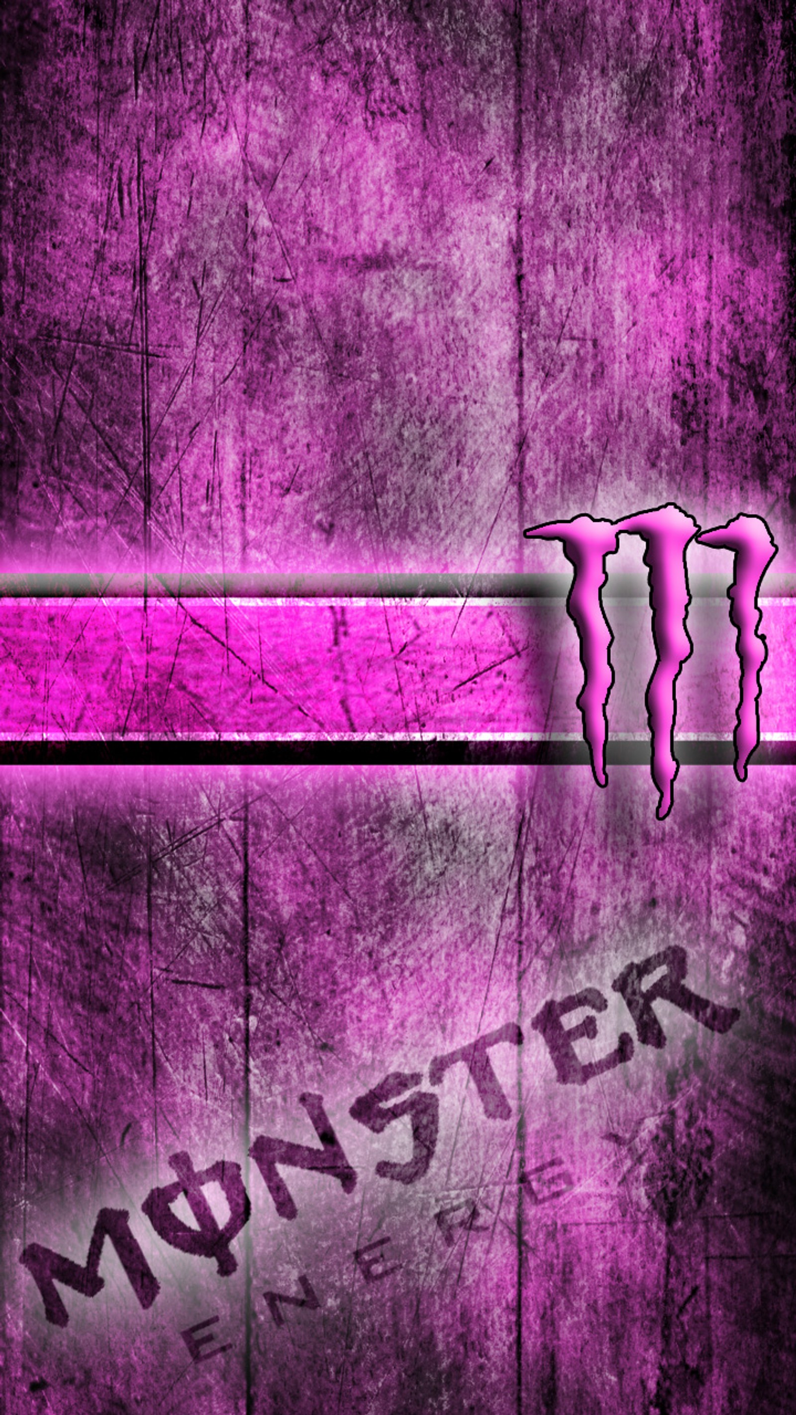 A close up of a purple and black background with a monster logo (drink, energy, girl, love, monster)