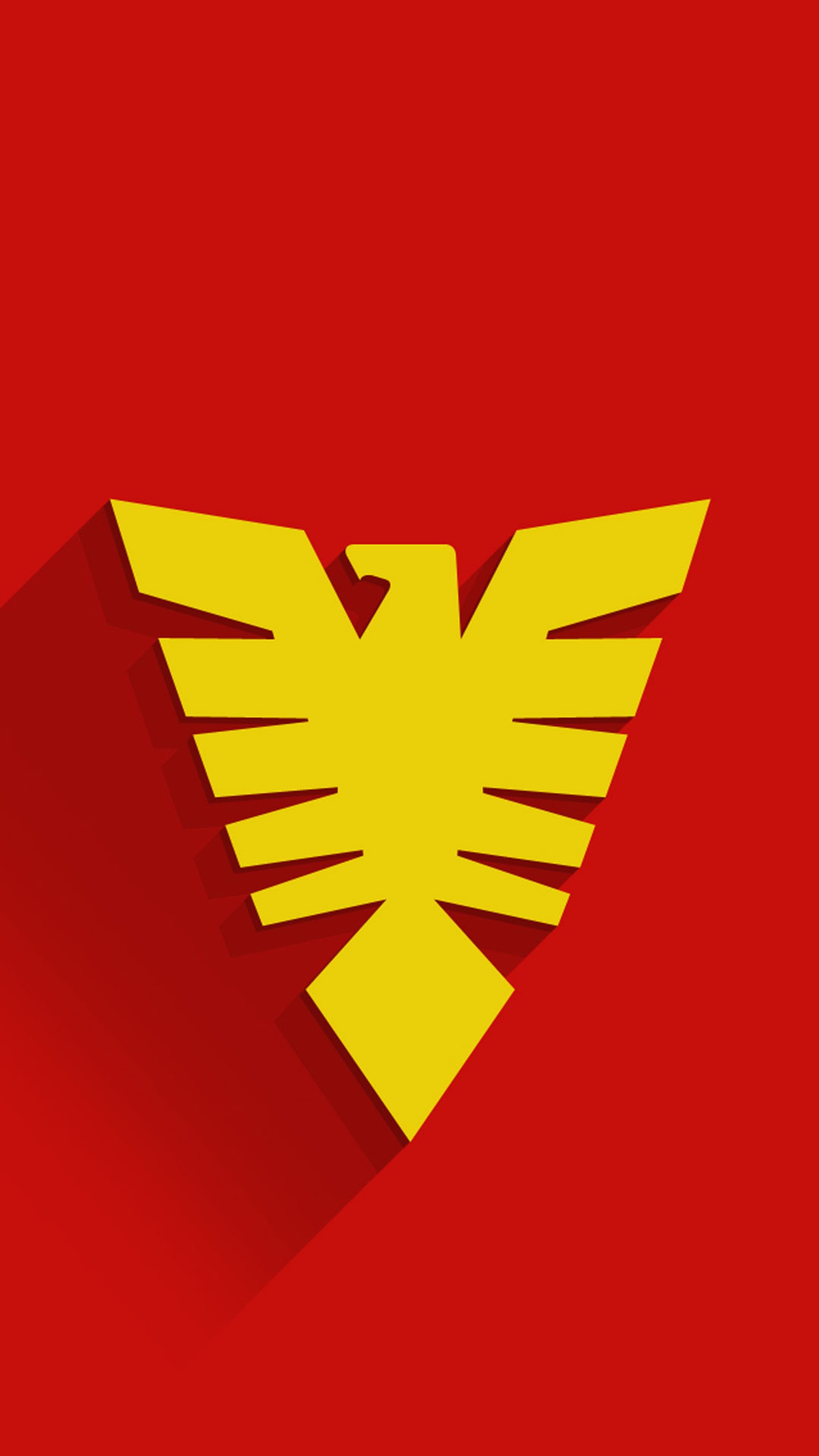 A yellow bird with a long shadow on a red background (comics, jean grey, marvel, movies, phoenix)