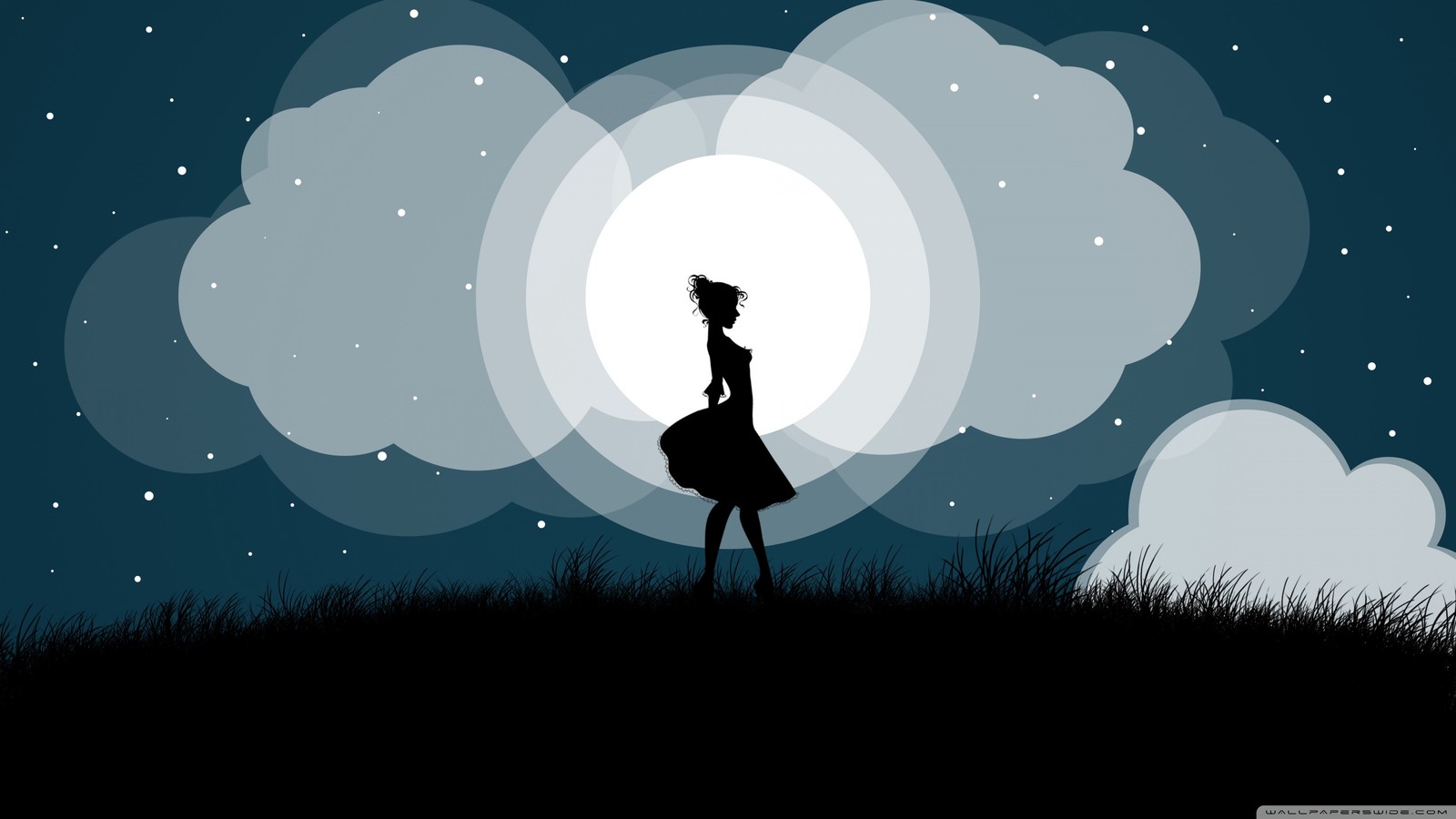 Téléchargez le fond d'écran nuages, fille, lumière, lune, silhouette