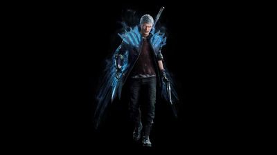 Неро из Devil May Cry 5 с мощной позой, демонстрируя свое фирменное оружие и сверкающую синюю энергию.