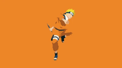 Minimalistischer Naruto Uzumaki in dynamischer Pose vor einem orangefarbenen Hintergrund