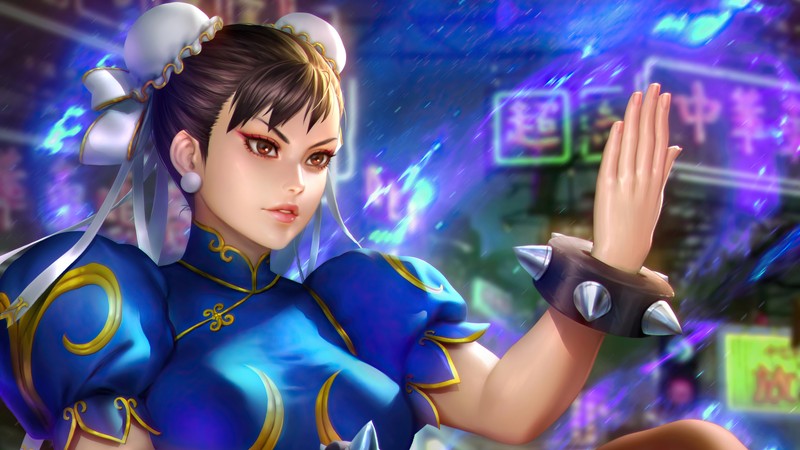 Женщина в синем наряде держит меч на улице (чун ли, chun li, девочки, street fighter, видеоигра)