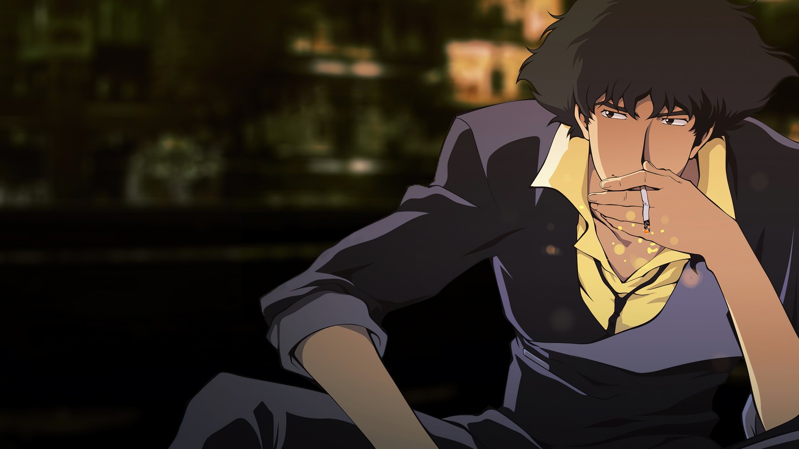 Chico de anime sentado en un banco con la mano en la barbilla (spike spiegel, cowboy bebop, anime)