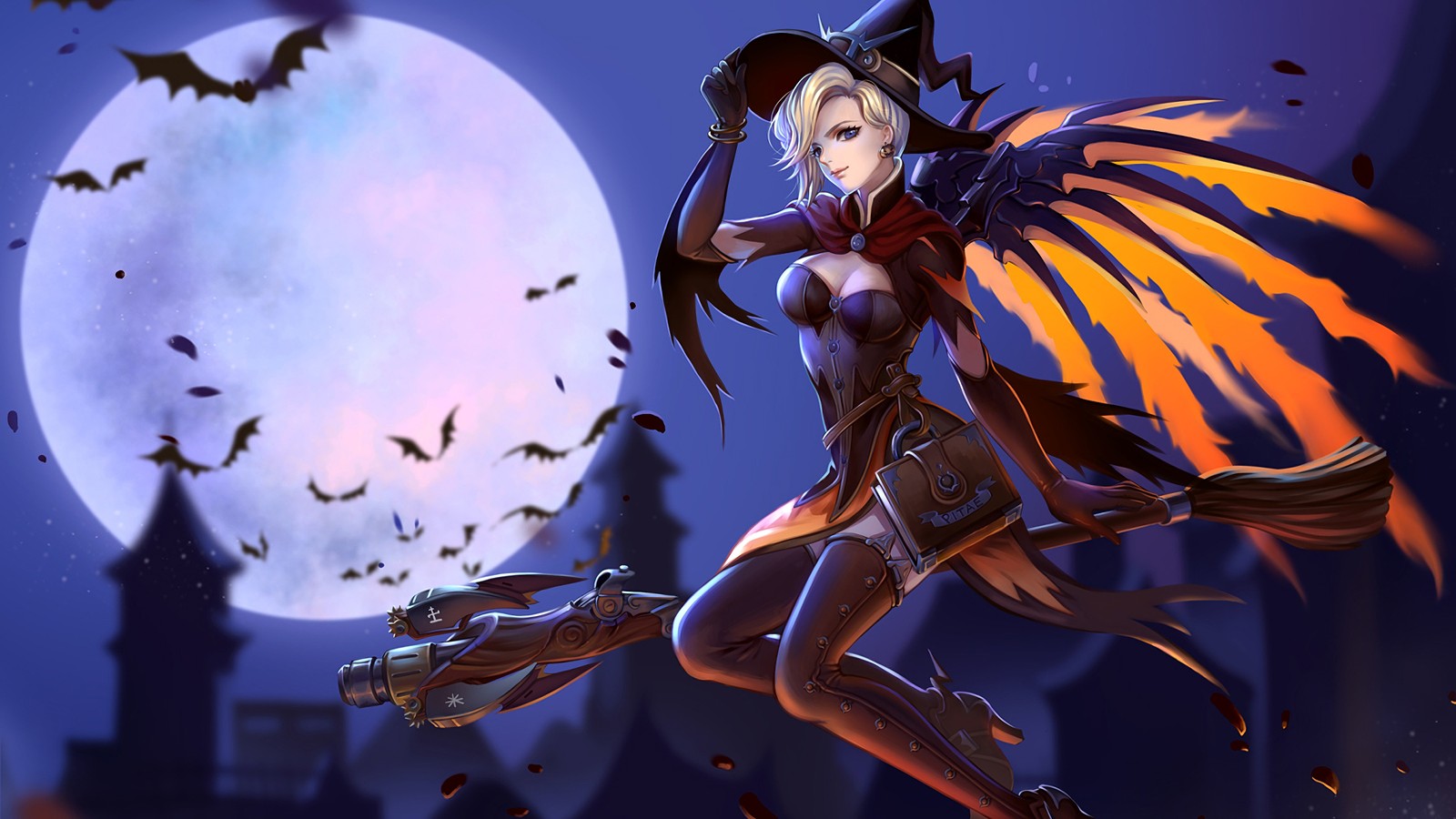 A woman in a witch costume flying in front of a full moon (witch, mercy, overwatch, video game)