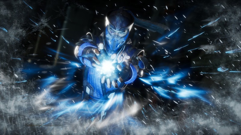 Крупный план человека с синим светом в темной комнате (sub zero, mortal kombat 11, видеоигра)