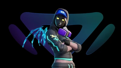 Personnage mystérieux de Fortnite avec des accents néon