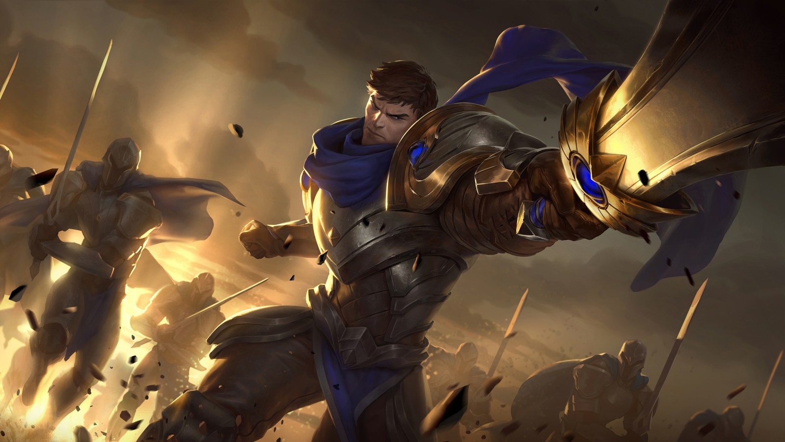 Мужчина в броне, держащий меч перед группой людей (гарен, garen, lol, league of legends, legends of runeterra)