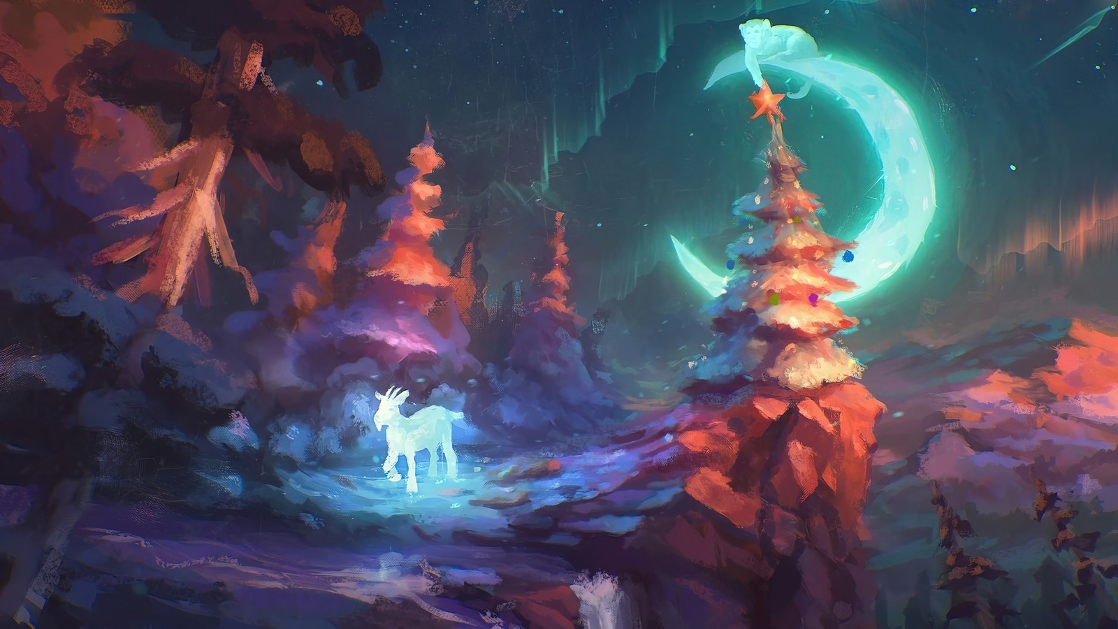 Une peinture d'un unicorn dans une forêt avec un croissant de lune (noël, vacances, forêt, fantaisie, art)