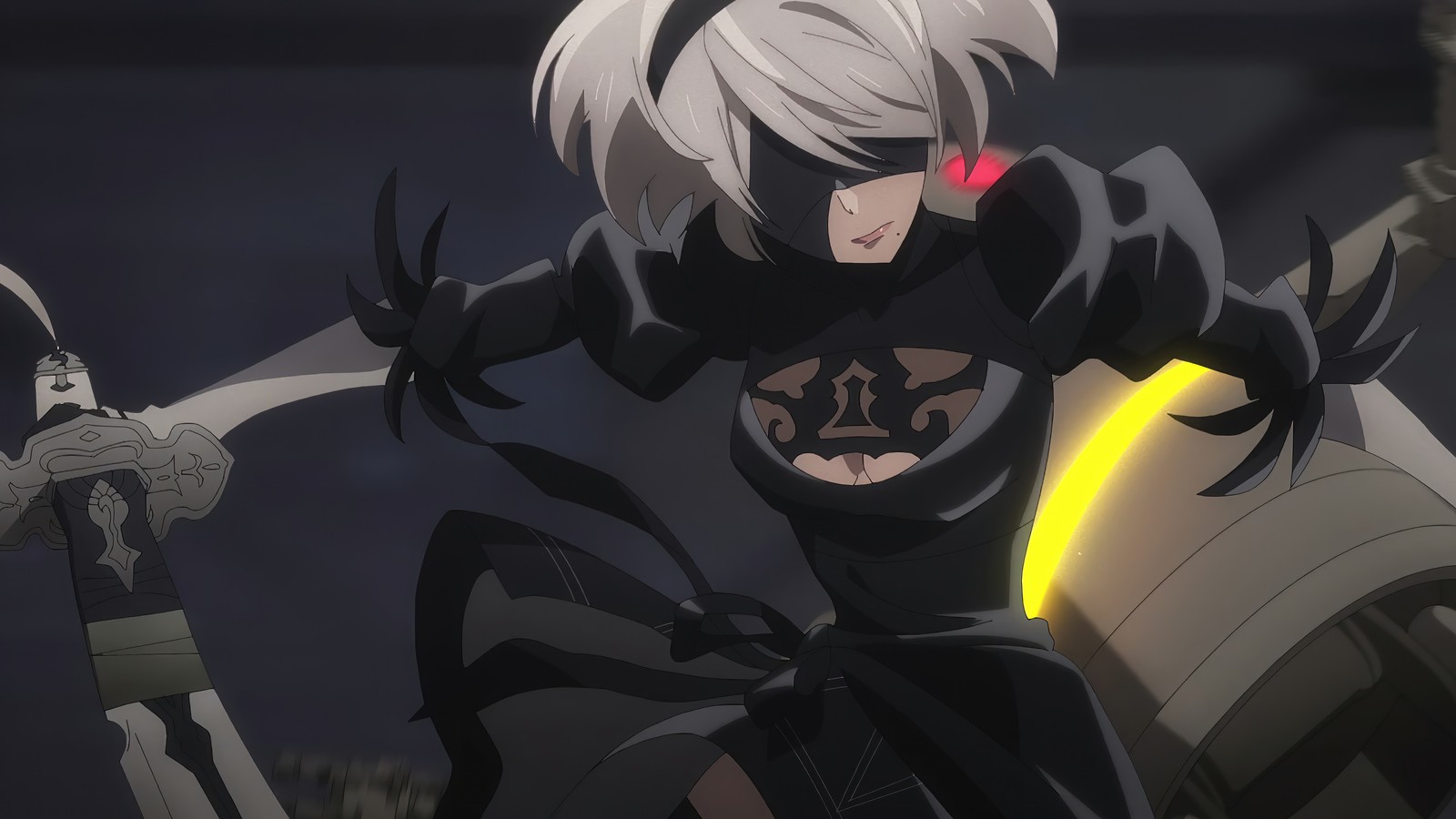 Un primer plano de una persona en un atuendo negro con una espada (nier automata ver11a, nierautomata ver11a, anime, yorha 2b, yorha tipo a no2)