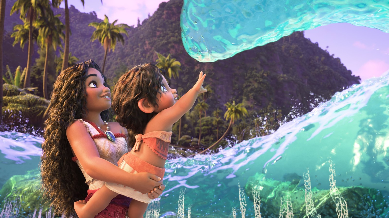 Une femme et un enfant sont dans une piscine avec une vague (moana 2, immobile, films de 2024, films danimation, films)