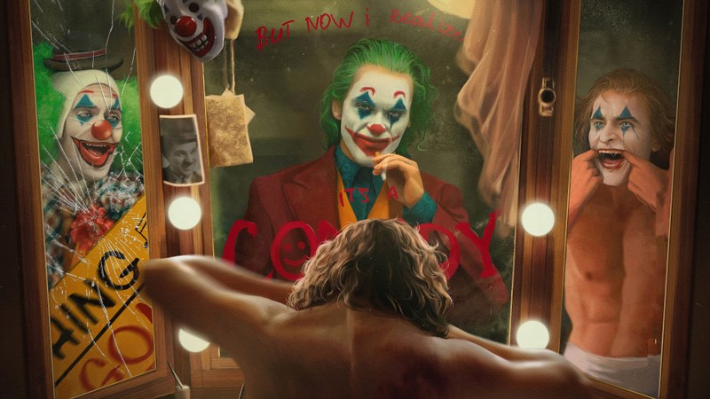 Арабский человек перед зеркалом с клоунами на нем (джокер 2019, joker 2019, фильм, джокер, joker)