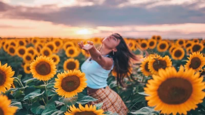 Embracing Nature Among Vibrant Sunflowers at Sunset