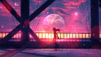 anime, girls, silhouette, sunset, fantasy wallpaper