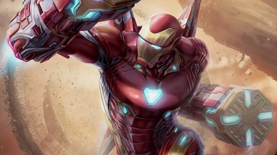 Iron Man soaring through a cosmic landscape, showcasing his iconic red and gold armor with glowing blue accents.